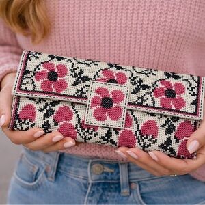 Needlepoint Wallet Floral Handmade Cross Stitch Boho Cottagecore